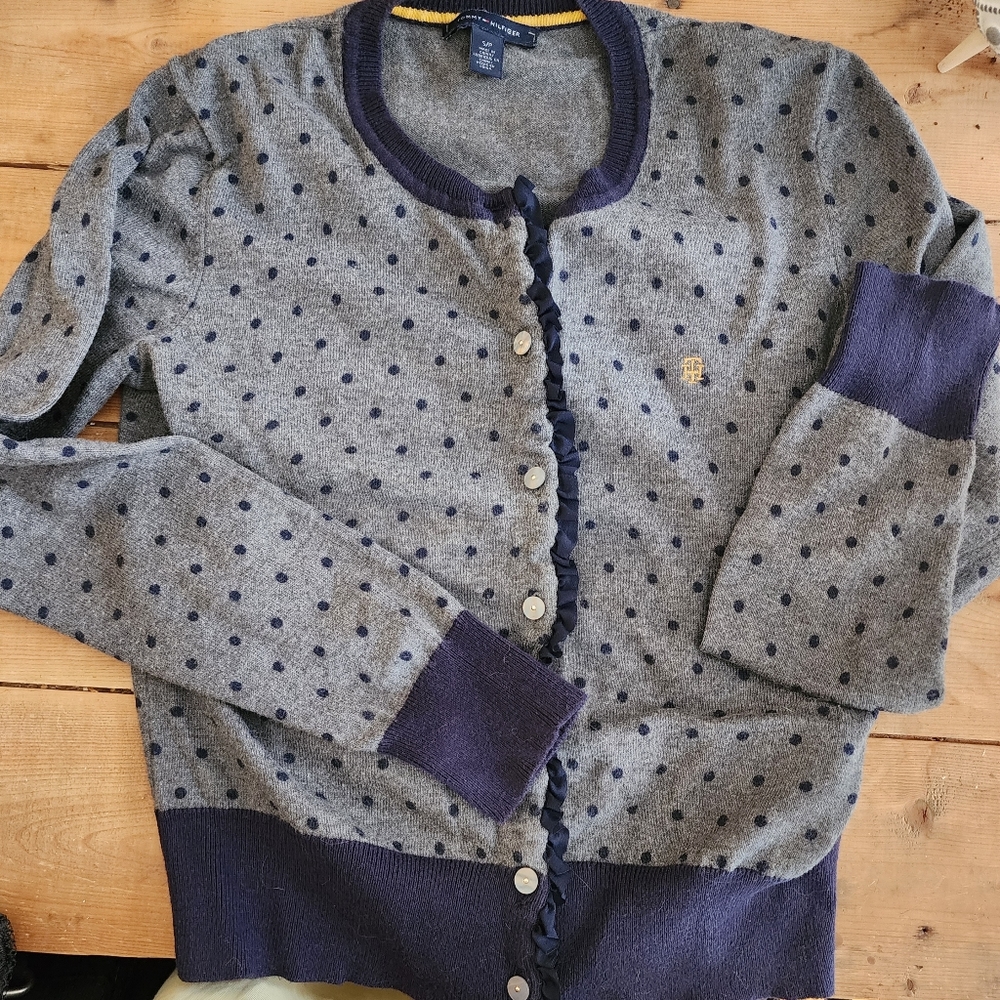Tommy Hilfiger Small Petite Gray & Navy Polka Dot Cardigan Sweater